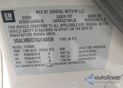 2010 Buick Enclave 1Xl z USA, uszkodzony, nr VIN 5GALVBED7AJ140808